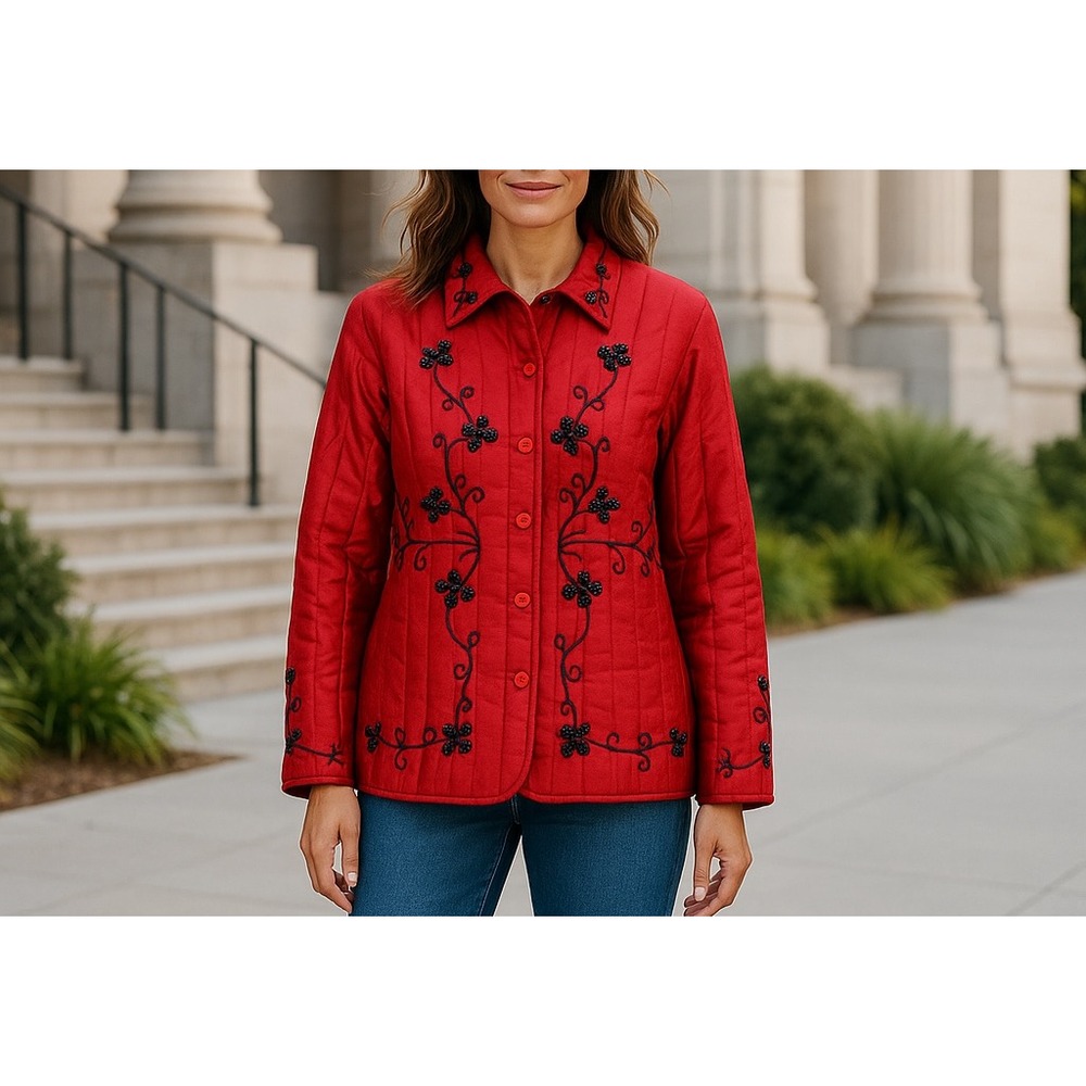 Silkland Women's Embellished Jacket Red Size M Long‎ Sleeve Collared Full Button